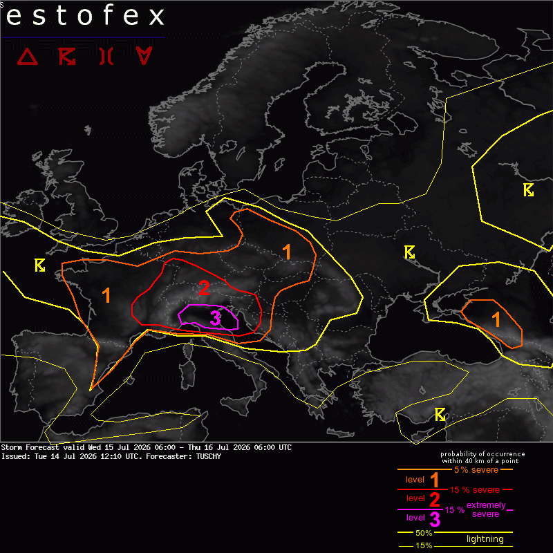 ESTOFEX stormvarsel 15. juli 2026 — Level 3 (magenta) dækker Po-sletten inkl. Gardasøen